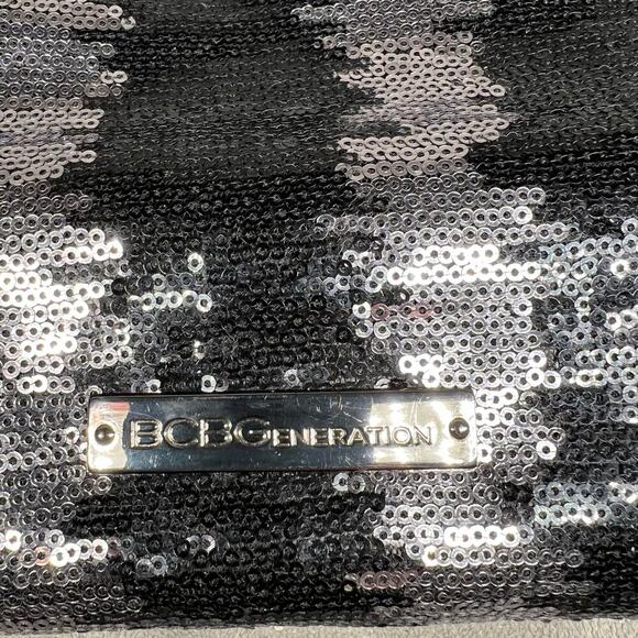 BCBGeneration Black and Silver Sequin Fold Over Clutch Zippered Closure - Picture 3 of 11